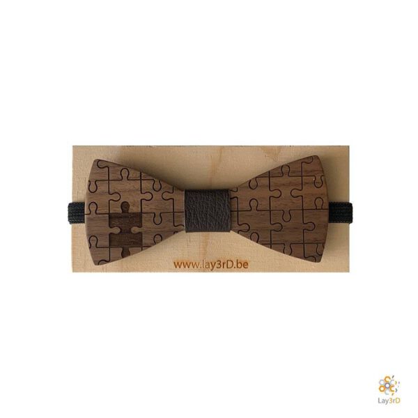 Lay3rD Lasercut - Holzfliegen - Dunkle Walnuss - Puzzleteile - Schwarzes Leder Holzfliege - Dunkle Walnuss - Puzzle