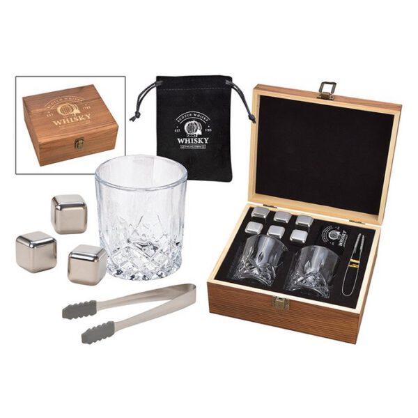 excl. Whiskey Set mit Gläser , Zange und Stahleiswürfel in Holzbox