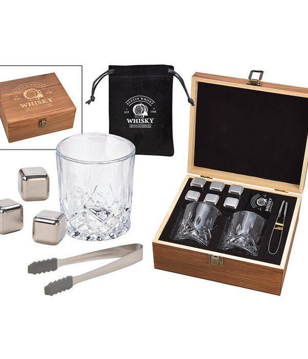 excl. Whiskey Set mit Gläser , Zange und Stahleiswürfel in Holzbox
