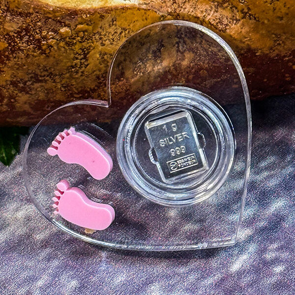 Herz aus Acrylglas zur Geburt mit 1g Feinsilber