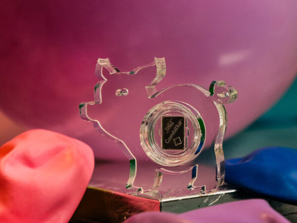 Glücks-Schweinderl aus Acrylglas mit Kapsel und 1 g Feinsilberbarren